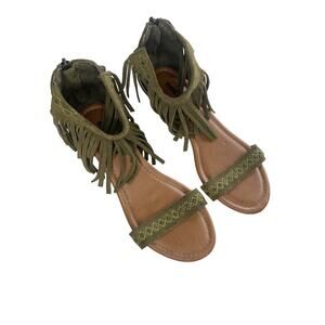 Minnetonka Womens Wedge Sandals Size 7 Green Suede Fringe Western Festival